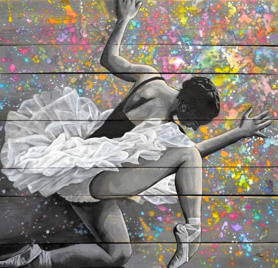 Ballerina on wood and splatter