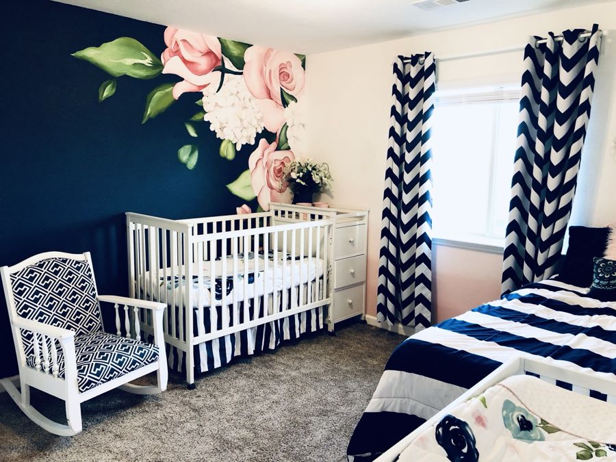 Roses on navy, nursery
