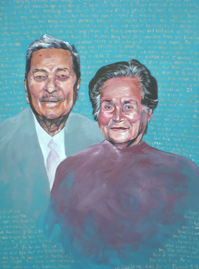 Couple on a field of handwriting