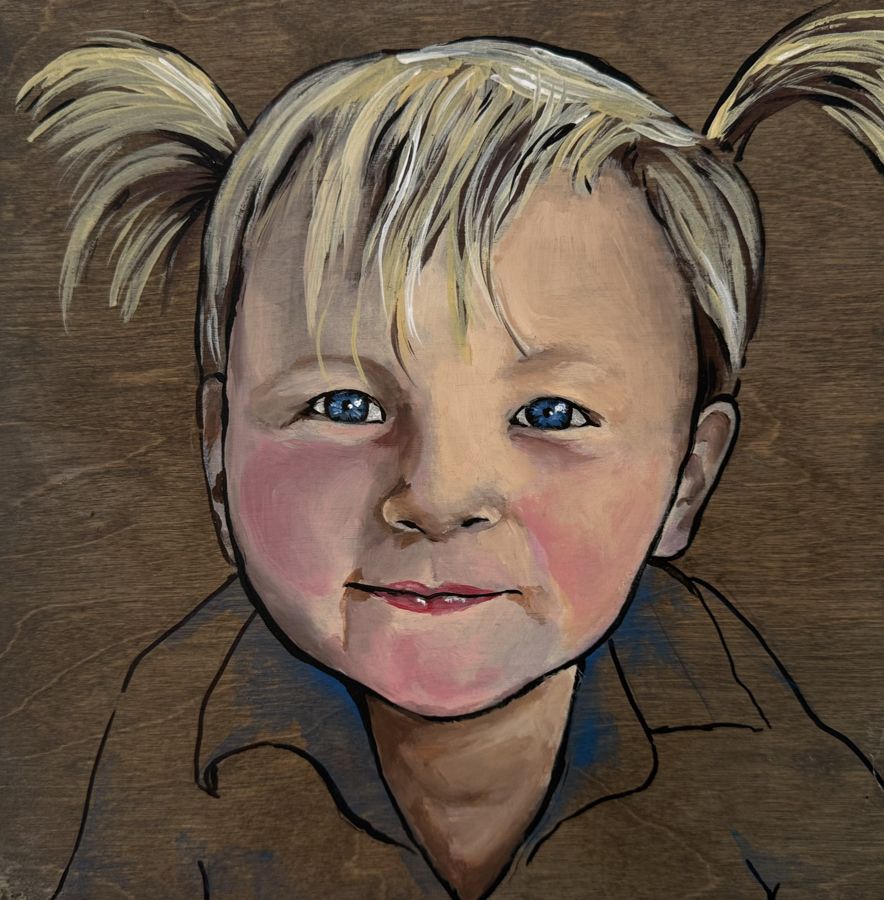 Girl with pigtails, on wood